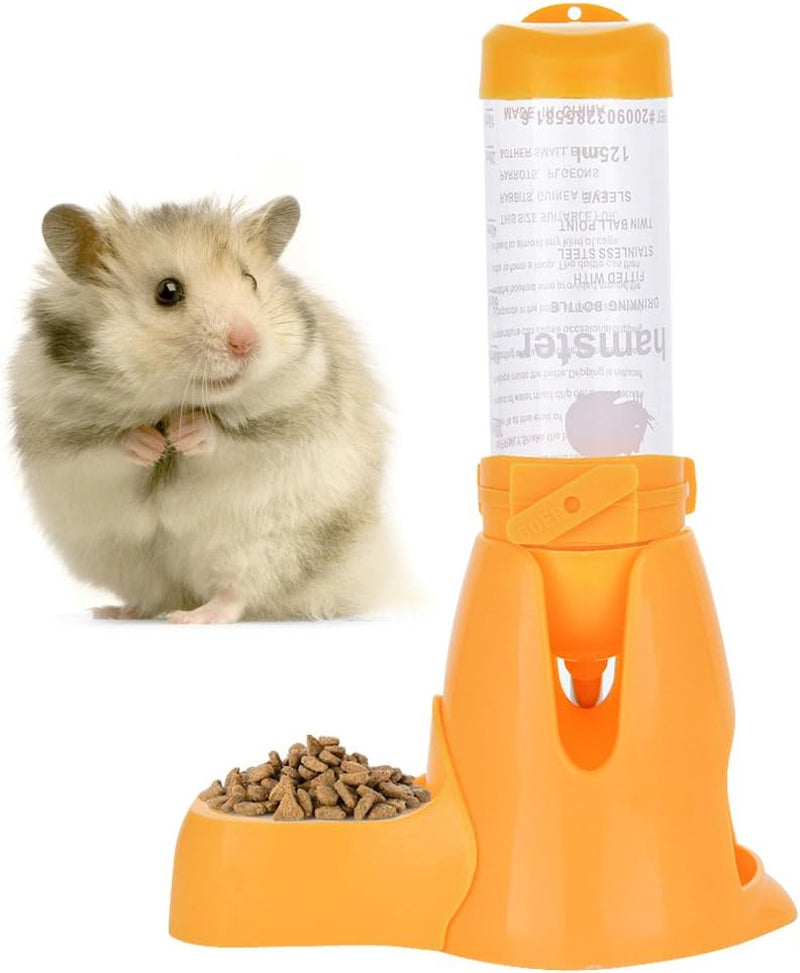 Hamster Water Bottle, Little Pet Automatic Drinking Bottle with Food Container Base Hut Hanging Water Feeding Bottles Auto Dispenser for Small Animals(125Ml,Yellow)