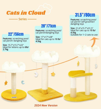 Pets Cloud Cat Scratching Post with Bed, Cat Tree Tower for Indoor Cats, Natural Sisal Cat Scratcher with Soft Perch for Kitten & Adult Cats, Small Cat Tower with Toy, Cat Activity Tree, Cat Climbing Tree, Cat Furniture, Gift for Cat, Modern Cat Furniture