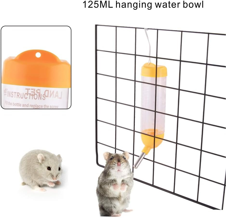 Hamster Water Bottle, Little Pet Automatic Drinking Bottle with Food Container Base Hut Hanging Water Feeding Bottles Auto Dispenser for Small Animals(125Ml,Yellow)