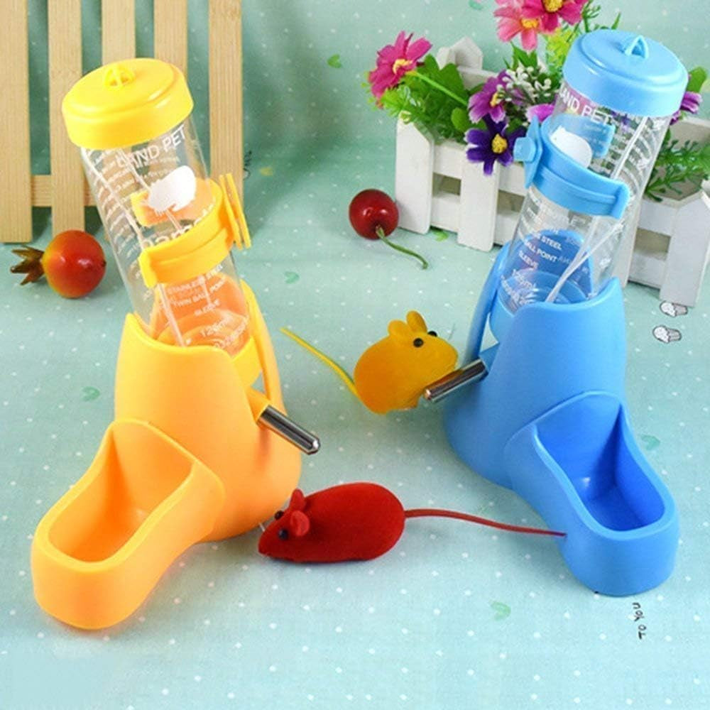 Hamster Water Bottle, Little Pet Automatic Drinking Bottle with Food Container Base Hut Hanging Water Feeding Bottles Auto Dispenser for Small Animals(125Ml,Yellow)